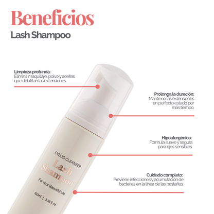 Botella de Lash Shampoo Plus BL Lashes con dosificador de espuma, muestra de espuma sobre fondo blanco, diseño profesional, concepto de limpieza profunda para extensiones de pestañas