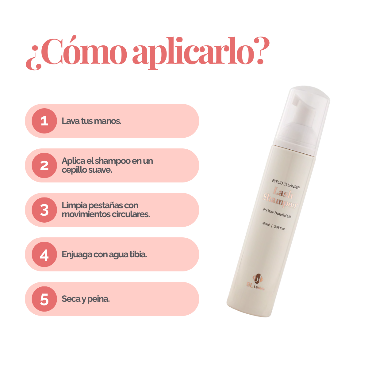 Botella de Lash Shampoo Plus BL Lashes con dosificador de espuma, muestra de espuma sobre fondo blanco, diseño profesional, concepto de limpieza profunda para extensiones de pestañas