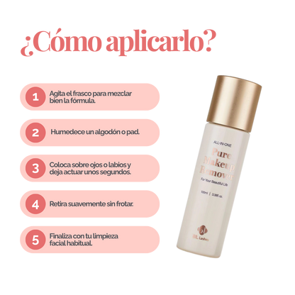 Botella de 100 ml de Pure Clear Lip & Eye Makeup Remover BL Lashes, envase transparente con etiqueta, sobre fondo blanco, concepto desmaquillante oil‑free seguro para extensiones