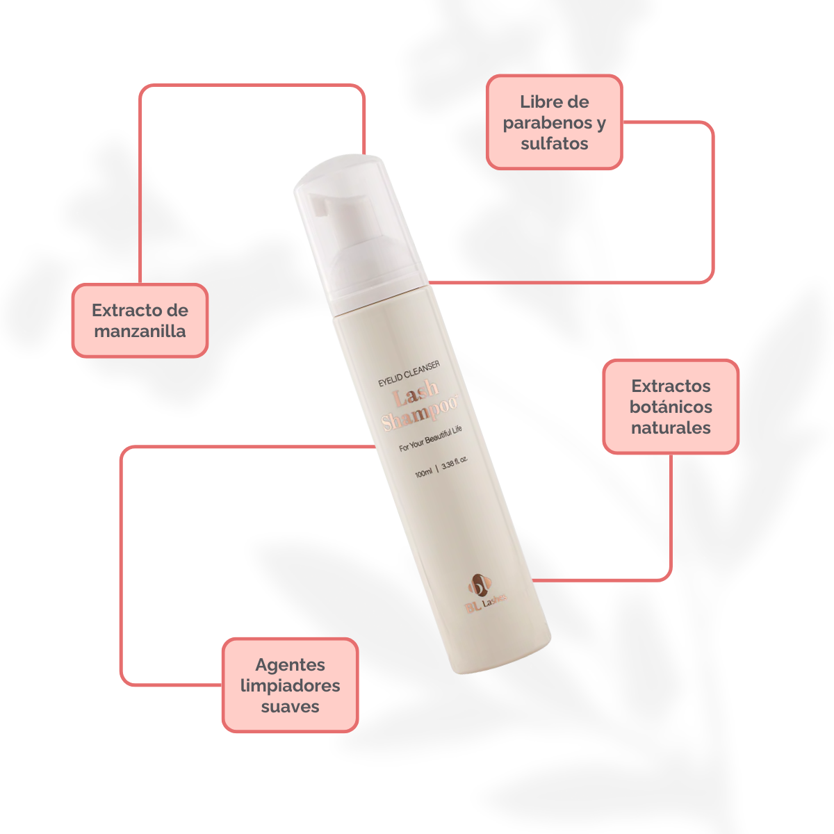 Botella de Lash Shampoo Plus BL Lashes con dosificador de espuma, muestra de espuma sobre fondo blanco, diseño profesional, concepto de limpieza profunda para extensiones de pestañas