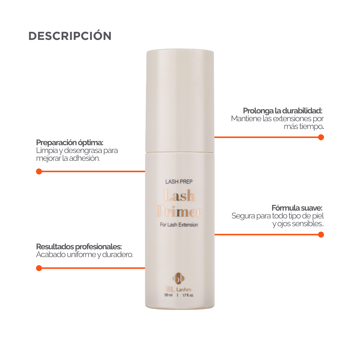 Lash Primer profesional BL Lashes 50 ml para extensiones – limpiador pretratamiento para mejorar adhesión y durabilidad en servicios de pestañas