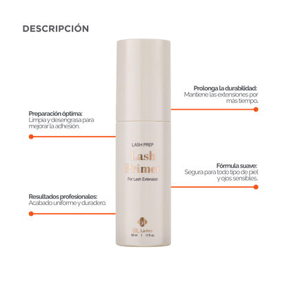 Lash Primer profesional BL Lashes 50 ml para extensiones – limpiador pretratamiento para mejorar adhesión y durabilidad en servicios de pestañas