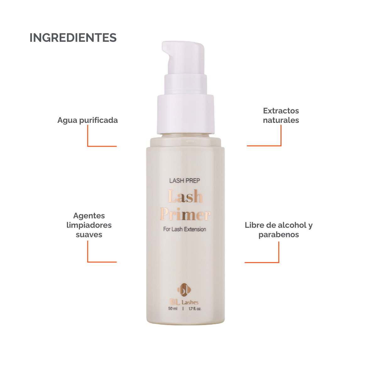 Lash Primer profesional BL Lashes 50 ml para extensiones – limpiador pretratamiento para mejorar adhesión y durabilidad en servicios de pestañas