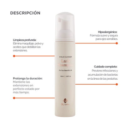 Botella de Lash Shampoo Plus BL Lashes con dosificador de espuma, muestra de espuma sobre fondo blanco, diseño profesional, concepto de limpieza profunda para extensiones de pestañas