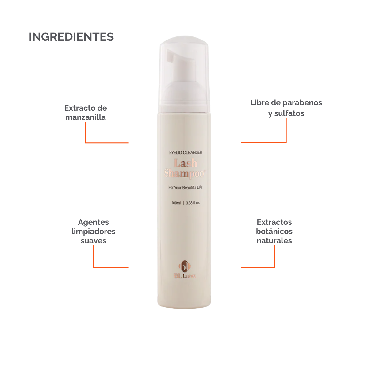 Botella de Lash Shampoo Plus BL Lashes con dosificador de espuma, muestra de espuma sobre fondo blanco, diseño profesional, concepto de limpieza profunda para extensiones de pestañas