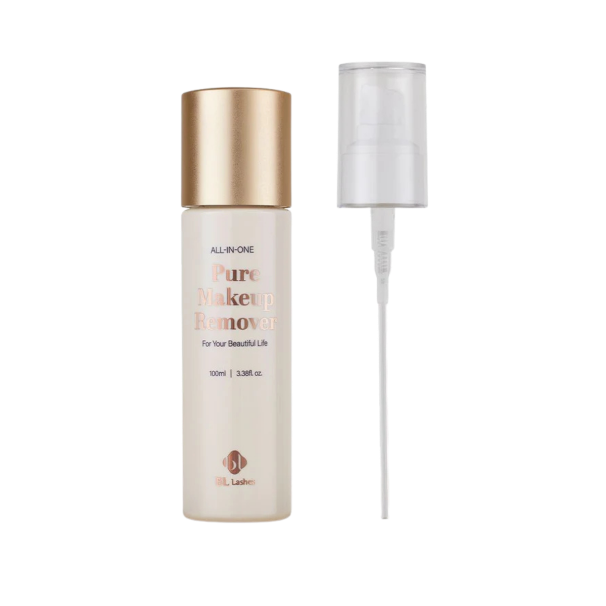 Botella de 100 ml de Pure Clear Lip & Eye Makeup Remover BL Lashes, envase transparente con etiqueta, sobre fondo blanco, concepto desmaquillante oil‑free seguro para extensiones