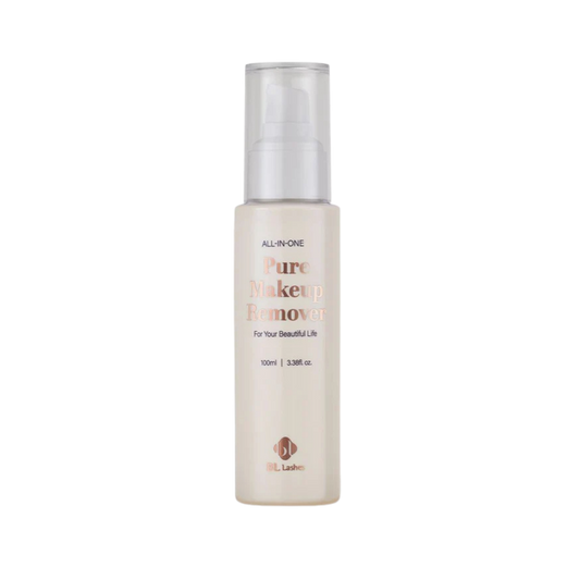 Botella de 100 ml de Pure Clear Lip & Eye Makeup Remover BL Lashes, envase transparente con etiqueta, sobre fondo blanco, concepto desmaquillante oil‑free seguro para extensiones