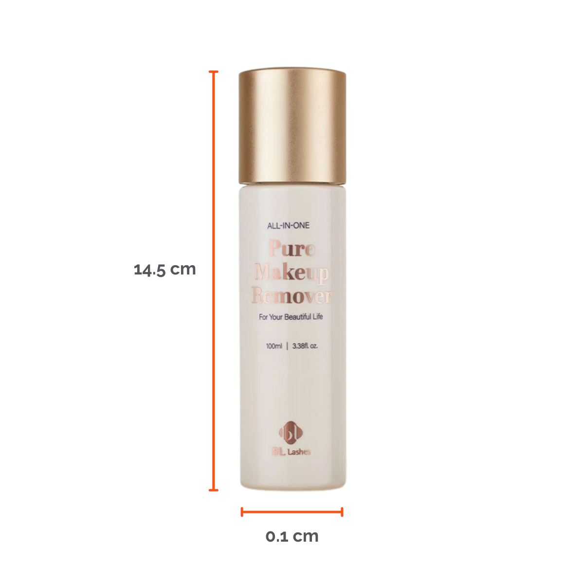 Botella de 100 ml de Pure Clear Lip & Eye Makeup Remover BL Lashes, envase transparente con etiqueta, sobre fondo blanco, concepto desmaquillante oil‑free seguro para extensiones