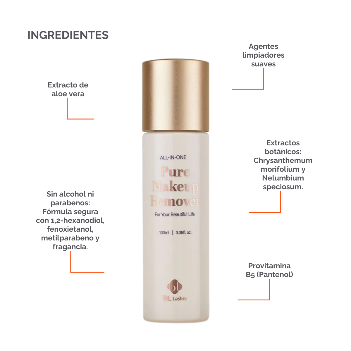 Botella de 100 ml de Pure Clear Lip & Eye Makeup Remover BL Lashes, envase transparente con etiqueta, sobre fondo blanco, concepto desmaquillante oil‑free seguro para extensiones