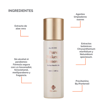 Botella de 100 ml de Pure Clear Lip & Eye Makeup Remover BL Lashes, envase transparente con etiqueta, sobre fondo blanco, concepto desmaquillante oil‑free seguro para extensiones